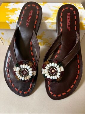 Rebels Brown Beaded Medallion Thong Sandals